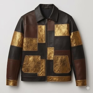 May include: A patchwork leather jacket in a variety of colors, including black, brown, and gold. The jacket has a collared neckline, a zipper closure, and two front pockets. The sleeves and body are made of different sized rectangular patches.
