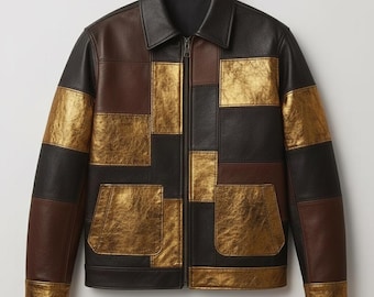 Men's Patchwork Leather Jacket, Multi Tone Bomber Jacket, Handmade Genuine Leather Zip Jacket, Vintage Style by Craftedmane