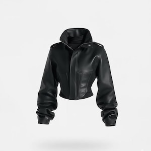 Cropped Black Vegan Leather Jacket – Corset Waist Biker Outerwear Y2K Streetwear