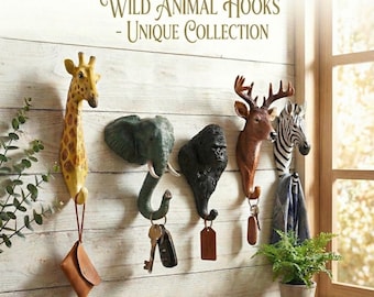 Safari Animal Wall Hooks – Giraffe Elephant Deer Zebra – Animal Coat Hook for Kids Room & Nursery – Rustic Wall Decor – Unique Gift for Home