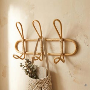 May include: A natural rattan wall-mounted coat rack with three curved hooks. A beige macrame tote bag hangs from the center hook, filled with a book and greenery. The rack is mounted on a light beige wall.