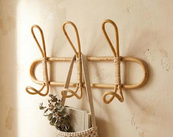 Rattan Wall Coat Rack – Boho Entryway Storage, Natural Organizer, 1950s Style Reproduction