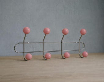 Perchero cromado de mediados de siglo – Ganchos de bola rosas, organizador de pared retro