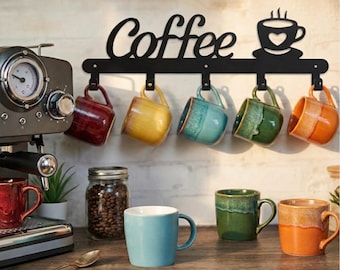 Wall Mounted Mug Rack – Coffee Cup Hanger, Kitchen Storage Organizer, Metal Wall Art