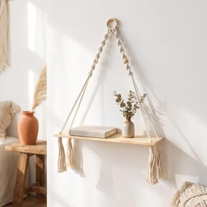 Boho Wooden Corner Shelf, Handmade Hanging Rope Wall Shelf for Plants, Rustic Floating Shelf Decor
