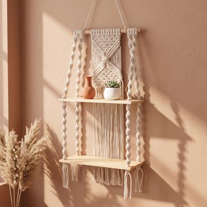 May include: A two-tiered wall shelf suspended by off-white macrame cord featuring intricate knot patterns. The unit includes two light-toned wooden planks, a terracotta-colored vase, and a small white pot containing a green succulent plant.