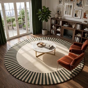 Tapis rond en laine tufté à motif soleil, tapis crème et vert olive à rayons de soleil, tapis circulaire moderne tufté à la main pour salon, décoration bohème pour chambre d'enfant