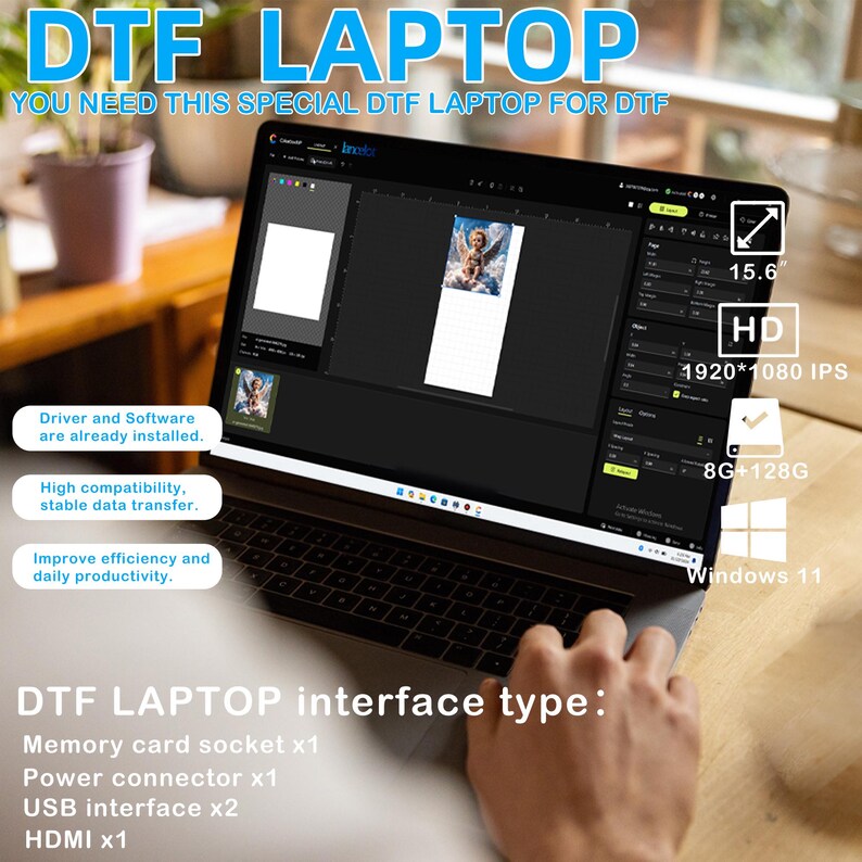 May include: A black DTF laptop with a 15.6-inch HD screen, 1920x1080 IPS display, 8G+128G memory, and Windows 11. The screen displays software with images. The laptop has a keyboard and various interface ports, including USB and HDMI.