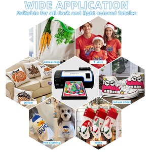 May include: An image showcasing a variety of items, including a canvas bag, t-shirts, pillows, pet clothing, socks, and canvas shoes. The items feature various designs and are suitable for all dark and light-colored fabrics. The text "WIDE APPLICATION" is visible.
