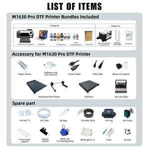 May include: A detailed list of items for the M1630 Pro DTF Printer, including bundles and accessories. The image shows a printer, computer, ink bottles, cleaning fluid, and other components. Accessories include a paper clamp, power cable, and ink cartridge. Spare parts are also listed.