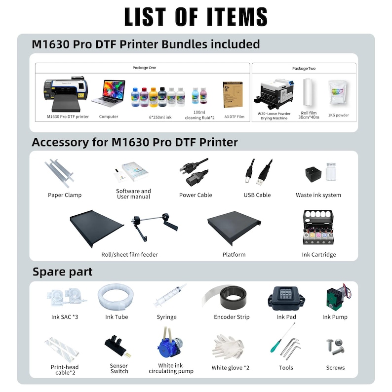 May include: A detailed list of items for the M1630 Pro DTF Printer, including bundles and accessories. The image shows a printer, computer, ink bottles, cleaning fluid, and other components. Accessories include a paper clamp, power cable, and ink cartridge. Spare parts are also listed.