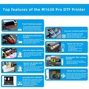 May include: An infographic detailing the top features of the M1630 Pro DTF Printer. Features include a front heating system, printhead protection, low ink alarm, vacuum suction platform, white ink stirring, automatic film cutting, and white ink circulation.