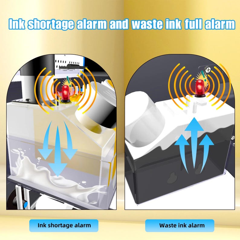 May include: An illustration showing two diagrams with the text "Ink shortage alarm and waste ink full alarm." The left diagram shows an ink tank with a red alarm light and the text "Ink shortage alarm." The right diagram shows a waste ink tank with a red alarm light and the text "Waste ink alarm."