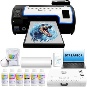 May include: A Lancelot DTF printer with a black and white casing, printing a blue dinosaur graphic. Includes a laptop labeled DTF LAPTOP, a white powder bag, a roll of film, six ink bottles in cyan, magenta, yellow, black, and white, and a curing oven.