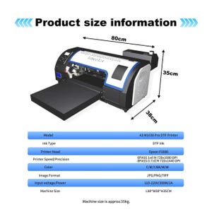May include: A3 M1630 Pro DTF printer, black and white with blue accents. The printer is 31.5 inches long, 15 inches wide, and 13.8 inches high. Features include Epson F1080 printer head, and a machine size of approximately 77 pounds.