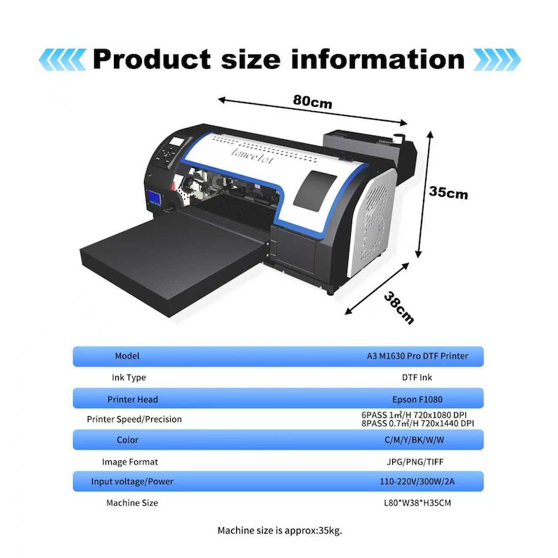 May include: A3 M1630 Pro DTF printer, black and white with blue accents. The printer is 31.5 inches long, 15 inches wide, and 13.8 inches high. Features include Epson F1080 printer head, and a machine size of approximately 77 pounds.