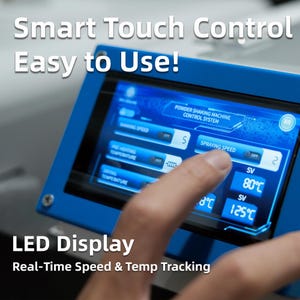 May include: A blue control panel with a touch screen displaying real-time speed and temperature readings. The screen shows settings for spraying speed, pre-heating, and drying temperature. Text on the screen reads "Smart Touch Control" and "Easy to Use!"