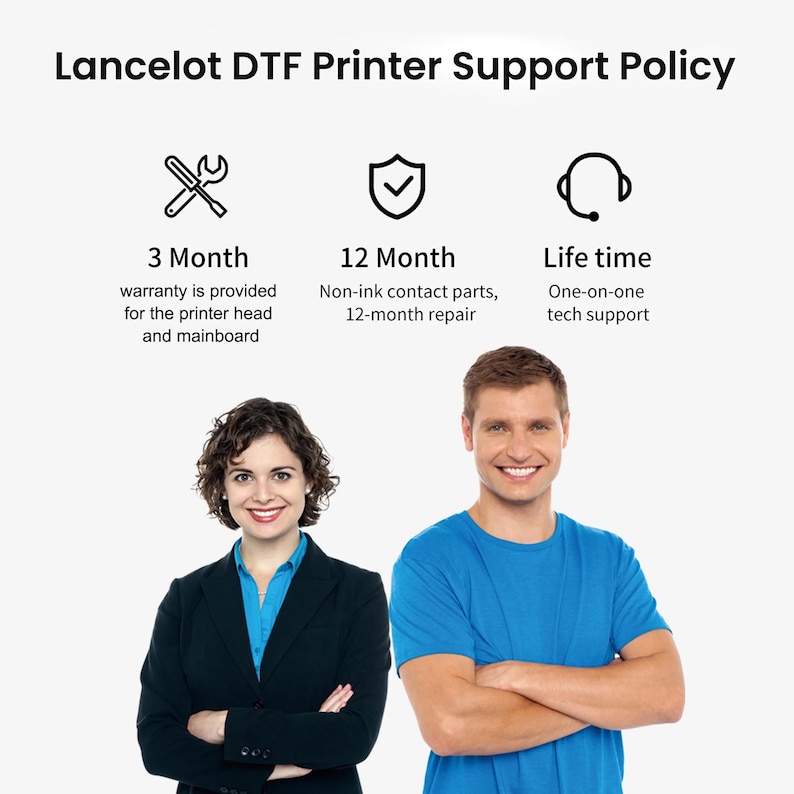 May include: Image of the Lancelot DTF Printer Support Policy. The text states a 3-month warranty for the printer head and mainboard, a 12-month warranty for non-ink contact parts and repair, and lifetime one-on-one tech support. Two smiling people are in the image.