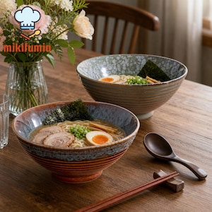 May include: Two ceramic ramen bowls filled with noodles, broth, and toppings like seaweed, eggs, and meat. The bowls have a rustic, glazed finish in shades of blue, brown, and green. A wooden spoon and chopsticks rest on the table, alongside a vase of flowers.