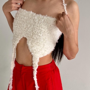 White Boucle Crochet Halter Top, Cloud Texture, Lace-Up Back, Festival Boho Clothing