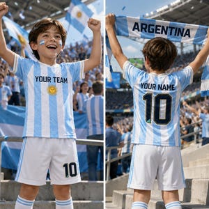 May include: A light blue and white striped soccer jersey and shorts set featuring the text YOUR TEAM and a sun emblem on the front, and the text YOUR NAME with the number 10 on the back, accompanied by a blue and white scarf labeled ARGENTINA.