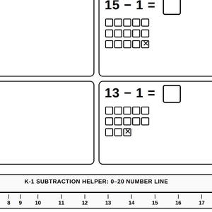 May include: A black and white educational worksheet featuring four subtraction problems: 16-1, 15-1, 14-1, and 13-1. Each problem includes a grid of squares with one marked by an X and a blank box for the answer. At the bottom is a K-1 subtraction helper number line from 0 to 20.