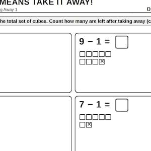 May include: A black and white educational maths worksheet titled SUBTRACTION MEANS TAKE IT AWAY! featuring four subtraction problems with numbers 10, 9, 8, and 7 minus 1. Each problem includes a set of square cubes with one cube marked with an X.