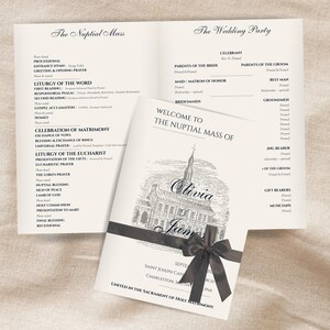Modello per programma di matrimonio cattolico: libretto della messa nuziale modificabile in Canva, programma della cerimonia in chiesa pieghevole in formato 11x8,5.