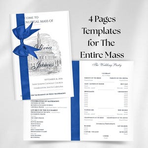 Puede incluir: Una plantilla de programa de boda blanca con una cinta azul, con el texto Welcome to Nuptial Mass of Olivia & James, September 26, 2026, Saint Joseph Catholic Church, Charleston, South Carolina y 4 Pages Templates for The Entire Mass.