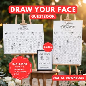 May include: Two white guestbook signs on easels with the text "DRAW YOUR FACE GUESTBOOK". Each sign has a grid of blank circles for guests to draw their faces. A smaller sign says "Draw your face & sign your name".