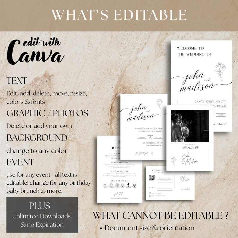 A modern minimalist wedding invitation suite designed with clean elegance, featuring a refined photo layout and coordinated invite set bundle. This digital download includes a details card with QR code RSVP, offering a seamless guest experience. Delivered as a fully editable DIY Canva template, this printable wedding stationery ensures a polished, modern elegant invite suite with instant download convenience.