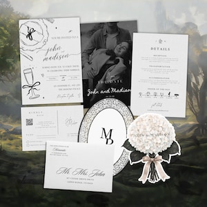 Op de afbeelding: Een trouwkaarten set bestaande uit een witte uitnodiging met zwarte lijntekeningen, een fotokaart van een koppel, een detailskaart, een RSVP-kaart met QR-code, een ovale monogramkaart, een witte envelop en een bloemrijke afbeelding.