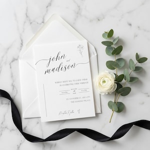 A modern minimalist wedding invitation suite designed with clean elegance, featuring a refined photo layout and coordinated invite set bundle. This digital download includes a details card with QR code RSVP, offering a seamless guest experience. Delivered as a fully editable DIY Canva template, this printable wedding stationery ensures a polished, modern elegant invite suite with instant download convenience.
