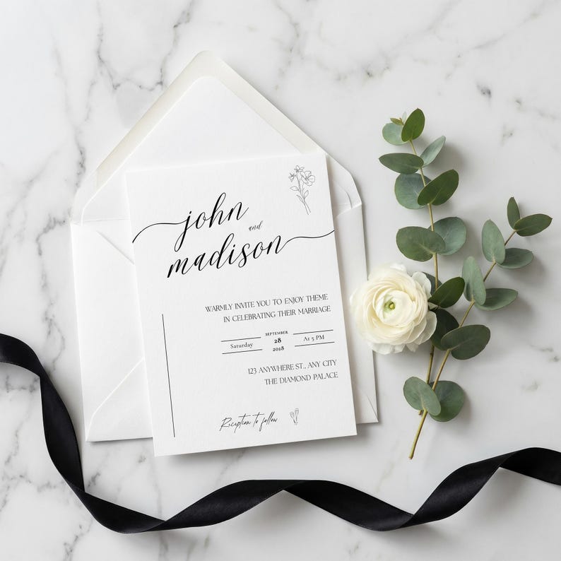 A modern minimalist wedding invitation suite designed with clean elegance, featuring a refined photo layout and coordinated invite set bundle. This digital download includes a details card with QR code RSVP, offering a seamless guest experience. Delivered as a fully editable DIY Canva template, this printable wedding stationery ensures a polished, modern elegant invite suite with instant download convenience.