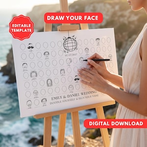Puede incluir: Una alternativa al libro de visitas de boda en blanco sobre un caballete. El letrero dice "DRAW YOUR FACE" y "EMILY & DANIEL WEDDING DOODLE YOURSELF & SIGN YOUR NAME". El letrero tiene contornos de caras en blanco para que los invitados dibujen sus retratos.