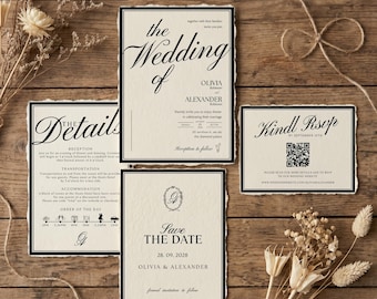 Luxury Wedding Invitation Suite, Minimalistic Black & White Invite Set,  Elegant Style with Save the Date and Rsvp, Editable Canva Template