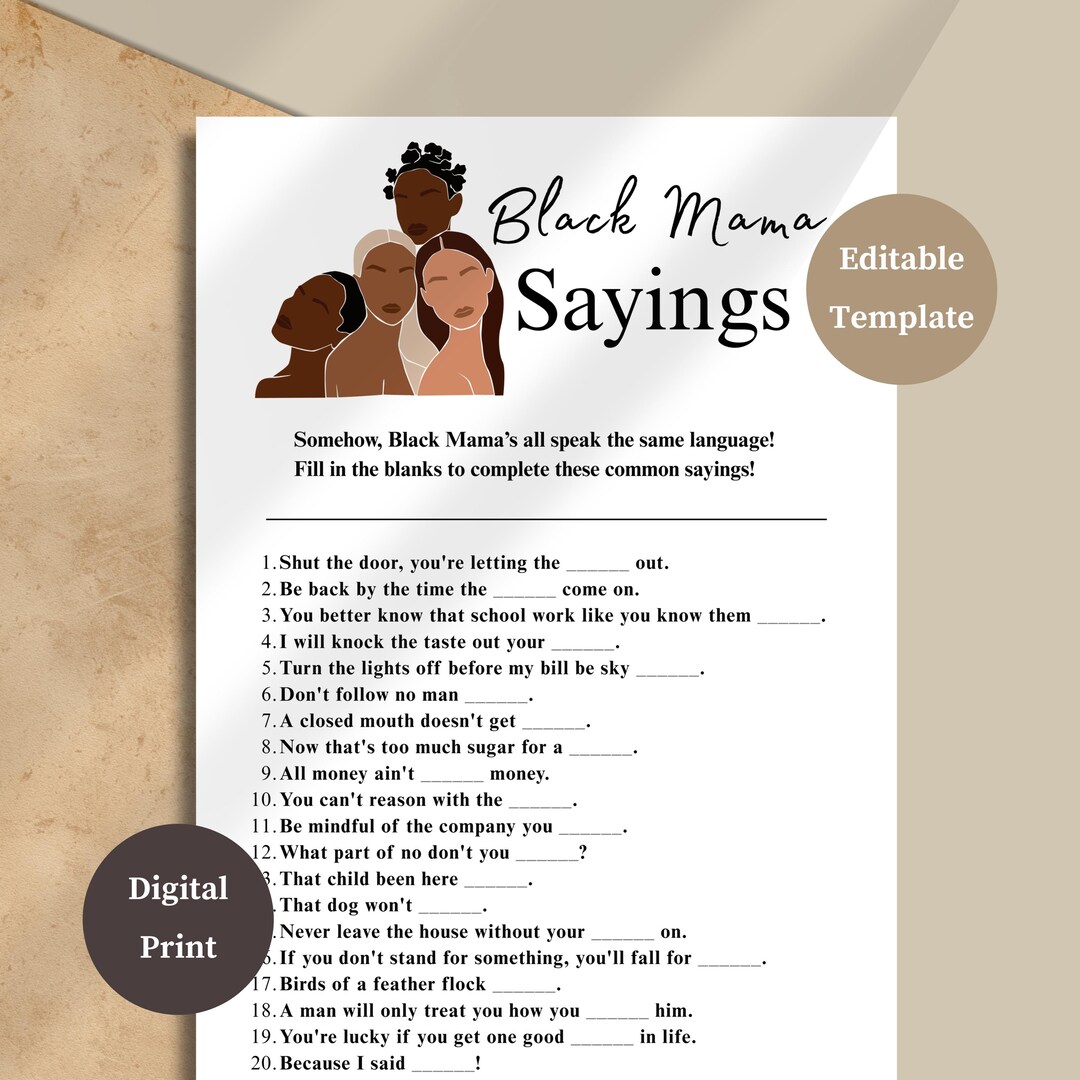 Black Mama Sayings Baby Shower Game | Fill in the Blank African ...