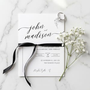 A modern minimalist wedding invitation suite designed with clean elegance, featuring a refined photo layout and coordinated invite set bundle. This digital download includes a details card with QR code RSVP, offering a seamless guest experience. Delivered as a fully editable DIY Canva template, this printable wedding stationery ensures a polished, modern elegant invite suite with instant download convenience.