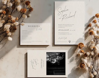Conjunto de invitaciones de boda minimalistas, plantilla fotográfica, editable en Canva (descarga digital)