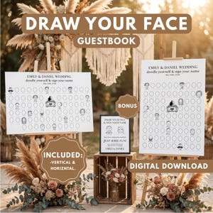 Può includere: Un libro degli ospiti per matrimoni con la scritta "DRAW YOUR FACE GUESTBOOK". Il libro degli ospiti include due lavagne bianche con spazi per gli ospiti per scarabocchiare i loro volti e firmare i loro nomi. Le lavagne sono su cavalletti, con composizioni floreali ed elementi decorativi.