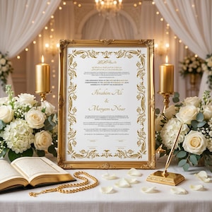 May include: A framed marriage certificate with gold accents, featuring the names Ibrahim Ali & Meryem Nour. The certificate is surrounded by white roses, candles, and a gold pen. A gold rosary and open book are also present.