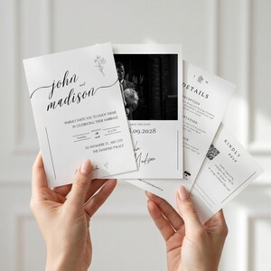 A modern minimalist wedding invitation suite designed with clean elegance, featuring a refined photo layout and coordinated invite set bundle. This digital download includes a details card with QR code RSVP, offering a seamless guest experience. Delivered as a fully editable DIY Canva template, this printable wedding stationery ensures a polished, modern elegant invite suite with instant download convenience.
