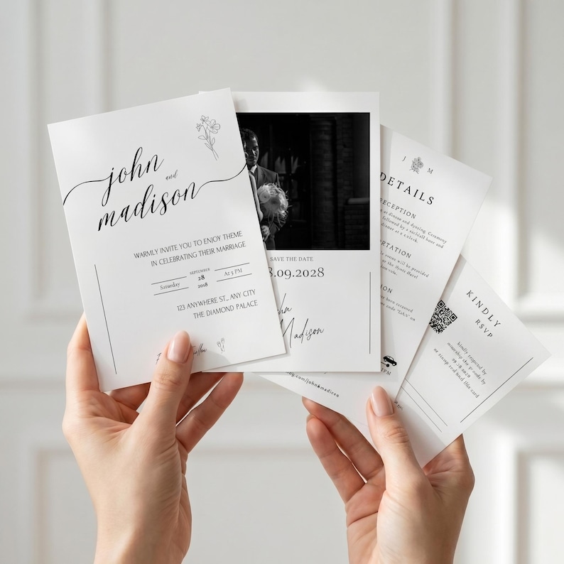 A modern minimalist wedding invitation suite designed with clean elegance, featuring a refined photo layout and coordinated invite set bundle. This digital download includes a details card with QR code RSVP, offering a seamless guest experience. Delivered as a fully editable DIY Canva template, this printable wedding stationery ensures a polished, modern elegant invite suite with instant download convenience.