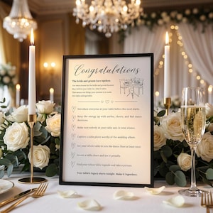 Puede incluir: Un letrero con marco negro y fondo blanco que presenta el texto Congratulations, The bride and groom have spoken, y una lista de siete tareas de mesa de boda marcadas con iconos de corazón, exhibido entre rosas blancas y dos velas.