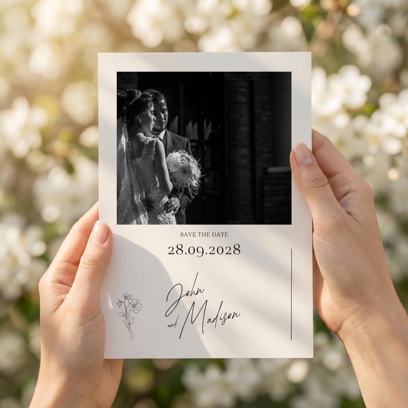 A modern minimalist wedding invitation suite designed with clean elegance, featuring a refined photo layout and coordinated invite set bundle. This digital download includes a details card with QR code RSVP, offering a seamless guest experience. Delivered as a fully editable DIY Canva template, this printable wedding stationery ensures a polished, modern elegant invite suite with instant download convenience.