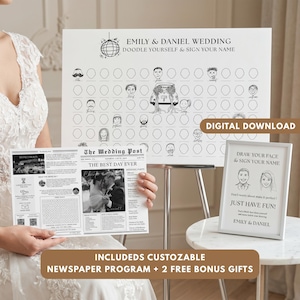Könnte beinhalten: Ein Hochzeitsgästebuch mit einem „Doodle Yourself & Sign Your Name“-Design. Enthält ein anpassbares Zeitungsprogramm und zwei kostenlose Bonusgeschenke. Das Design zeigt ein Raster von Gesichtern zum Zeichnen und Unterschreiben, mit dem Text „Emily & Daniel Wedding“.