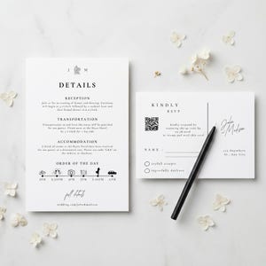 A modern minimalist wedding invitation suite designed with clean elegance, featuring a refined photo layout and coordinated invite set bundle. This digital download includes a details card with QR code RSVP, offering a seamless guest experience. Delivered as a fully editable DIY Canva template, this printable wedding stationery ensures a polished, modern elegant invite suite with instant download convenience.