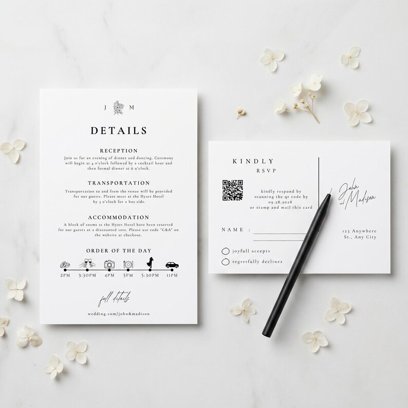 A modern minimalist wedding invitation suite designed with clean elegance, featuring a refined photo layout and coordinated invite set bundle. This digital download includes a details card with QR code RSVP, offering a seamless guest experience. Delivered as a fully editable DIY Canva template, this printable wedding stationery ensures a polished, modern elegant invite suite with instant download convenience.