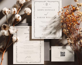Monogram Wedding Invitation Suite, Minimalist Printable Invite with QR Code RSVP And Welcome Sign Bundle, Editable Elegant Canva Template