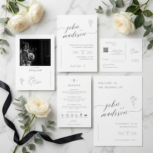 A modern minimalist wedding invitation suite designed with clean elegance, featuring a refined photo layout and coordinated invite set bundle. This digital download includes a details card with QR code RSVP, offering a seamless guest experience. Delivered as a fully editable DIY Canva template, this printable wedding stationery ensures a polished, modern elegant invite suite with instant download convenience.